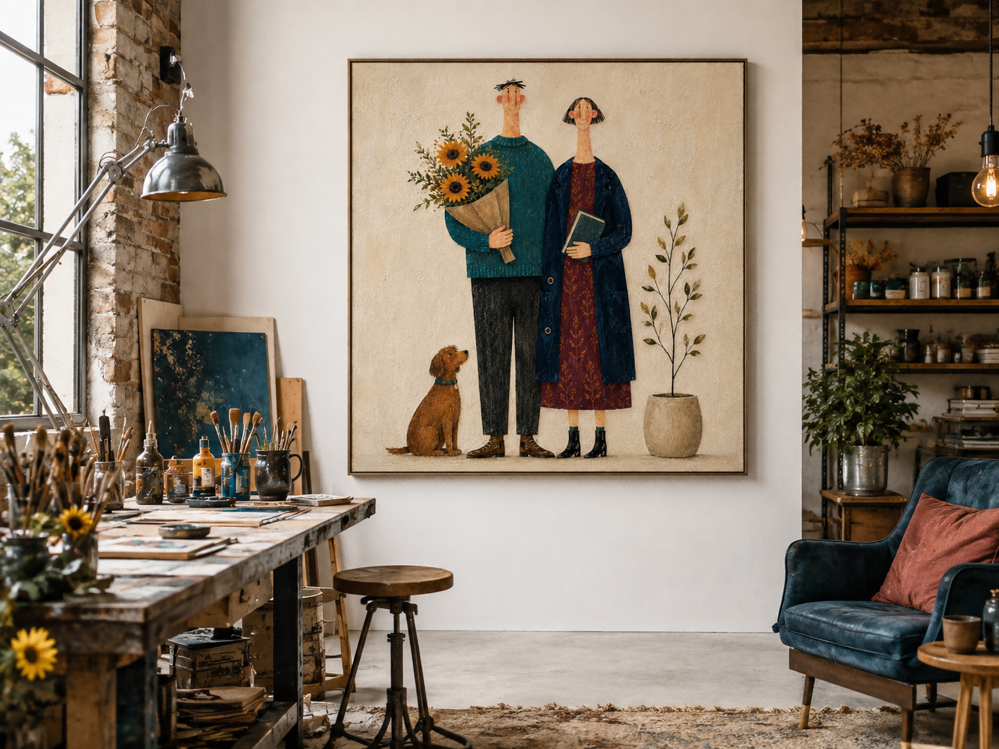 Square Organic Modern Art Featuring Couple And Pet In Earthy Colors Ideal For Bedroom Or Reading Nook Decoration
