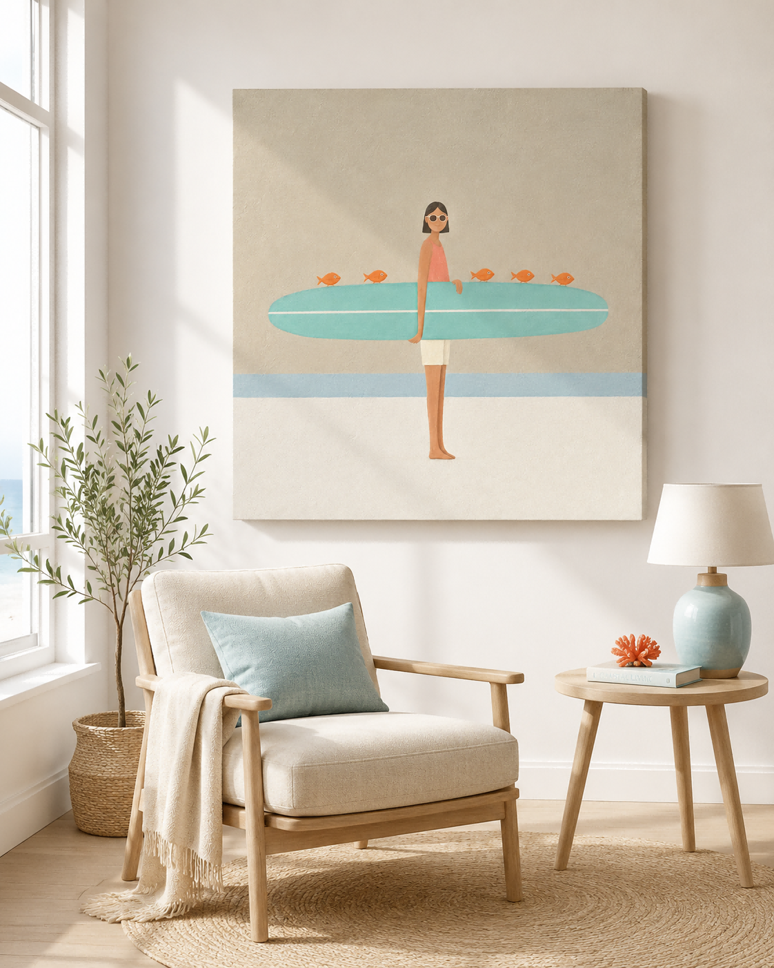 Girl With Surfboard And Fish Modern Abstract Canvas Painting Abstract Minimalist Art With Orange Accents Hand Painted Oil