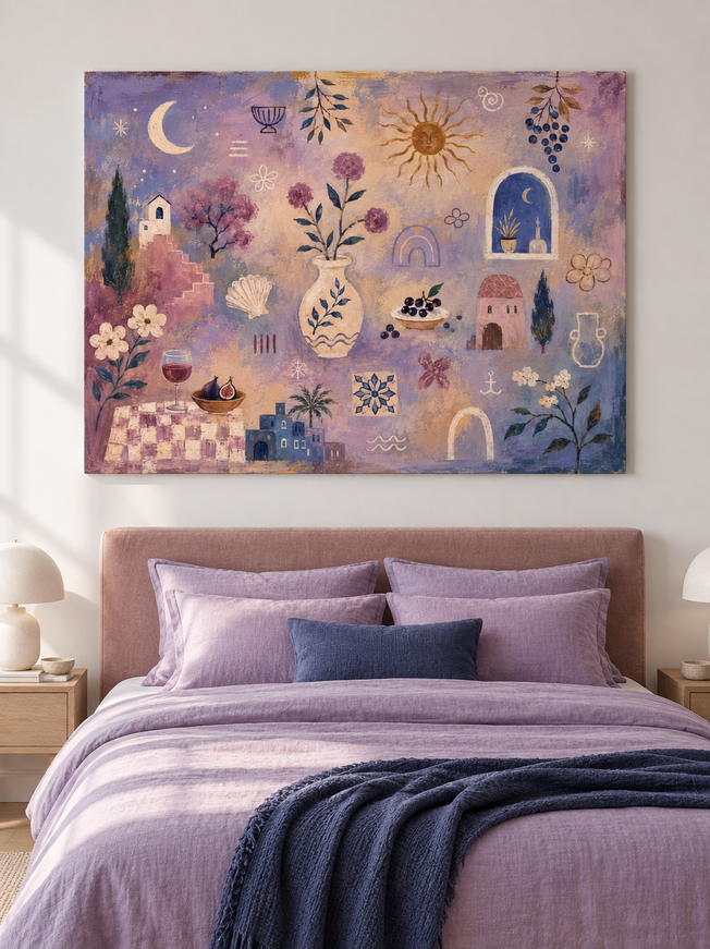 Mediterranean Abstract Canvas Painting With Sun Moon And Flowers