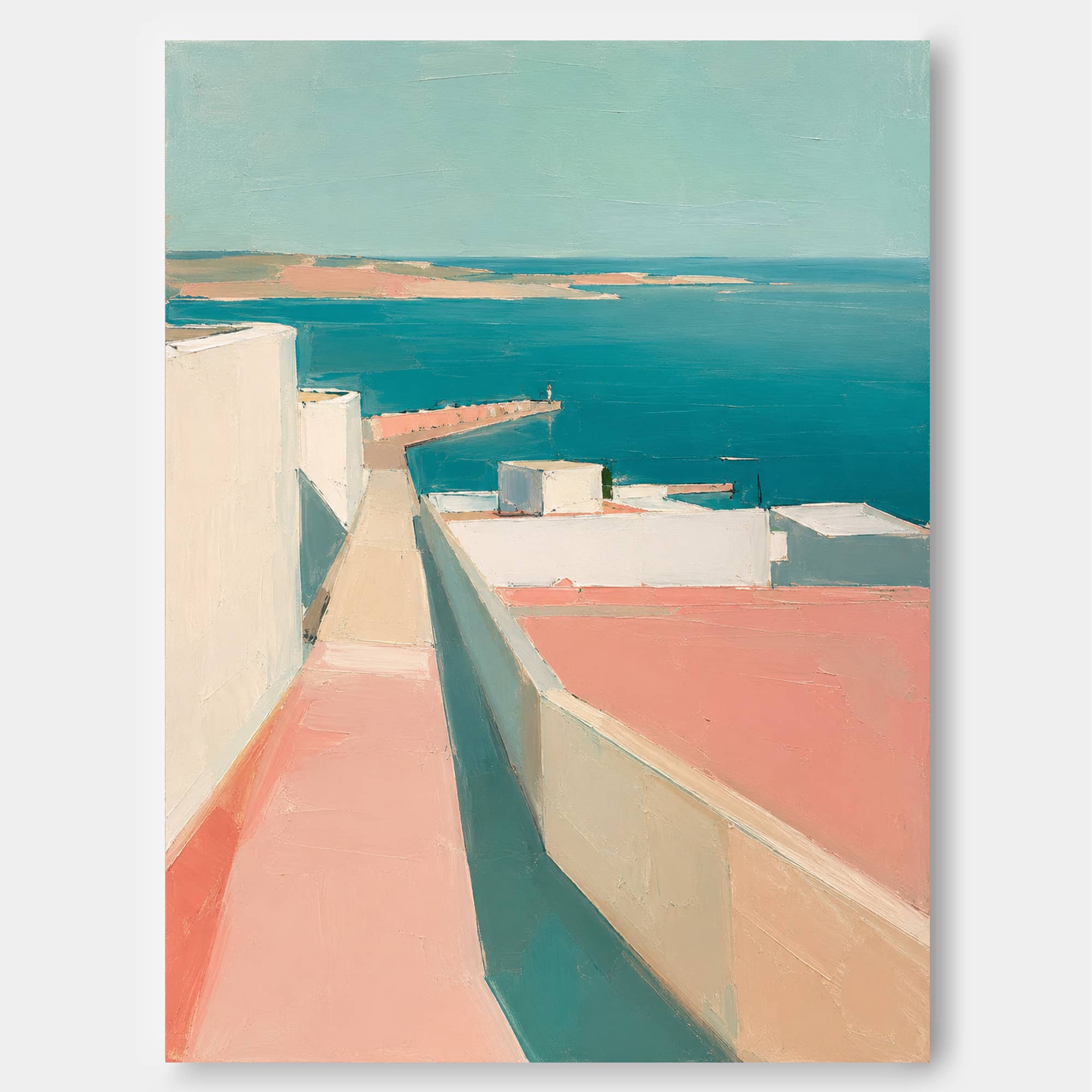 Abstract Coastal Architecture Art With White Buildings And Turquoise Sea Vertical Canvas