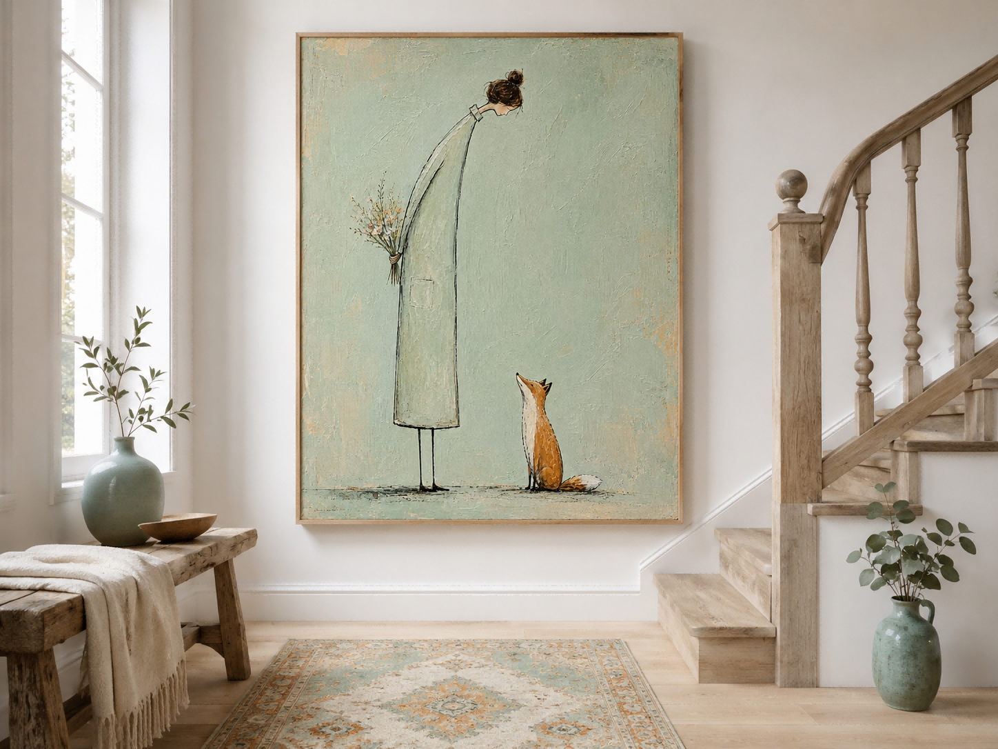 Naive Art Painting Of Woman And Fox With Flowers In Modern Minimalist Style For Living Room Decor