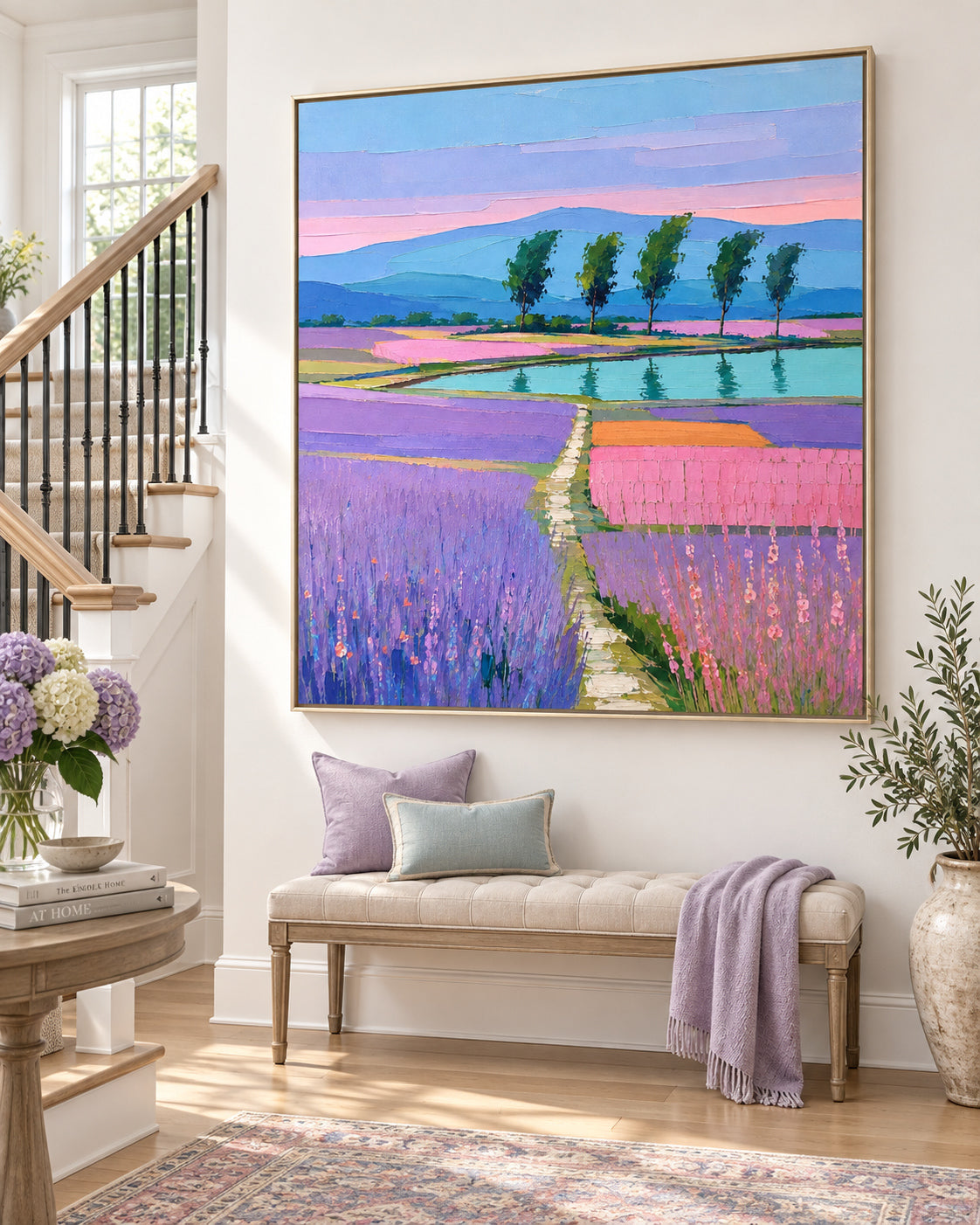 Hand-Painted Lavender Landscape Canvas Art With Lake And Trees In Purple Pink Tones