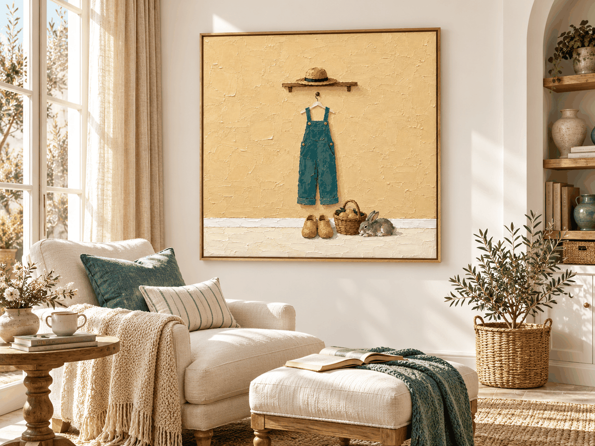 Rabbit And Overalls Wall Art Charming Entryway Art With Textured Beige And Blue-Green Tones