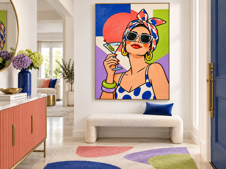 Pop Art Woman With Martini Glass Hand-Painted Canvas Wall Art