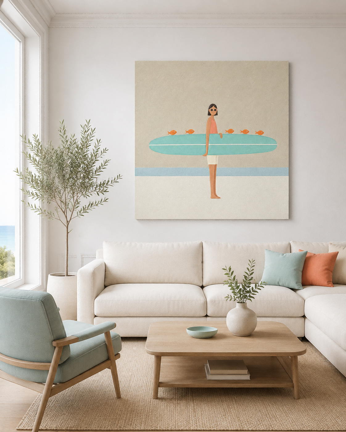 Girl With Surfboard And Fish Modern Abstract Canvas Painting Abstract Minimalist Art With Orange Accents Hand Painted Oil