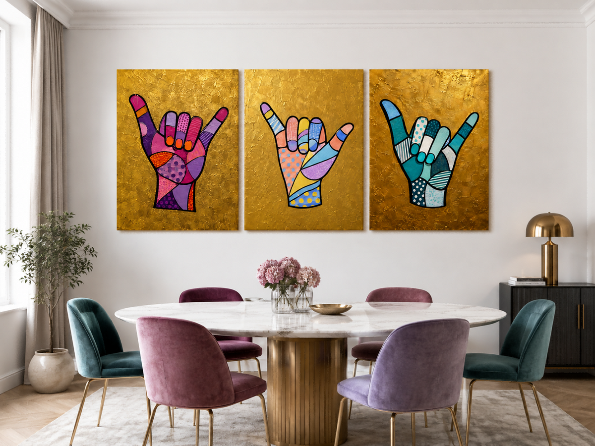 Colorful Geometric Pop Art Triptych With Textured Gold Leaf Finish