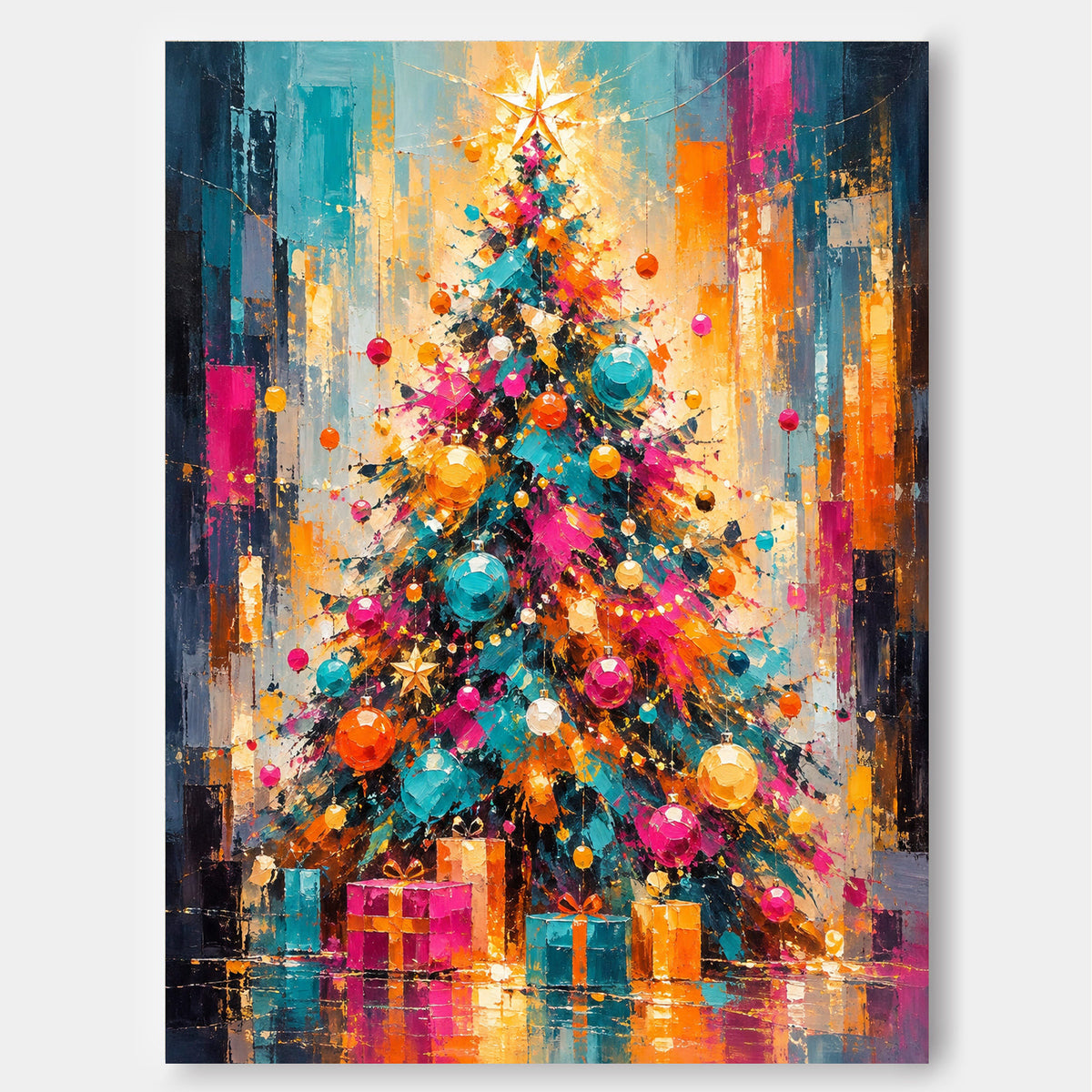 Abstract Christmas Tree Canvas Painting With Gold And Blue Ornaments Textured Canvas With Vintage Vibes