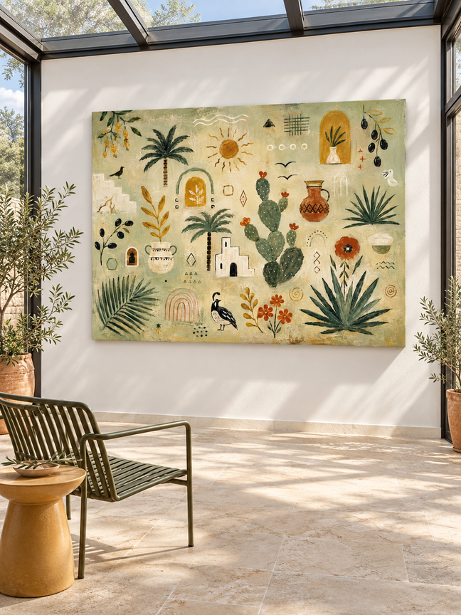 Hand-Painted Cactus And Palm Tree Abstract Canvas Art With Sun