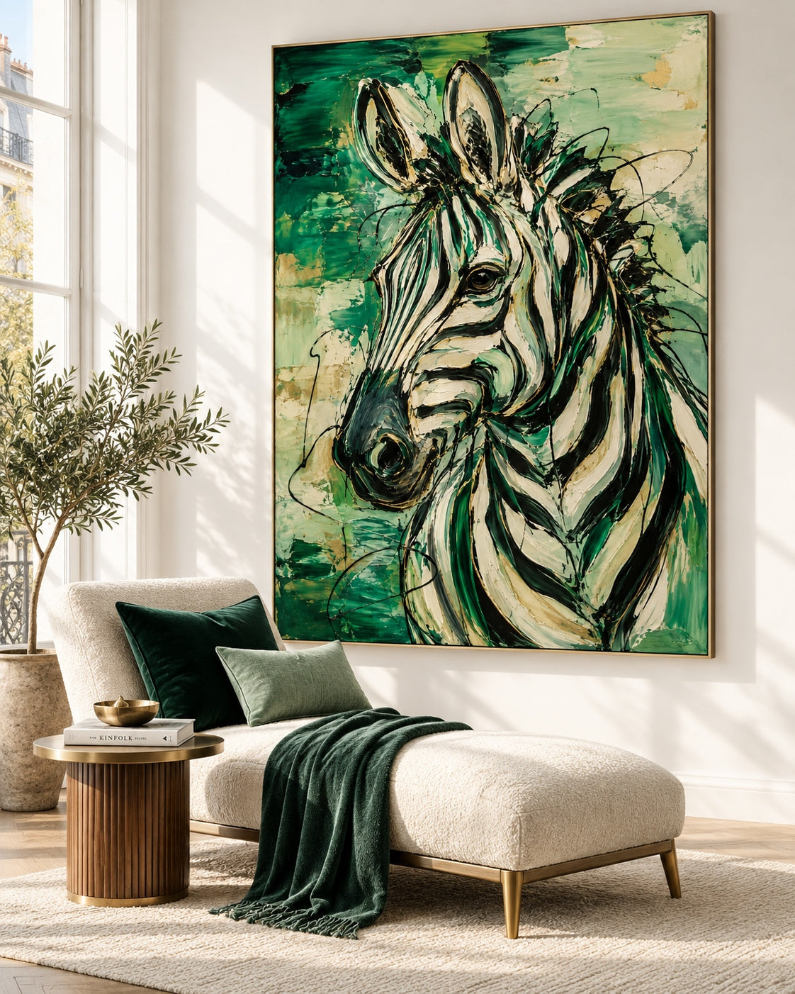 Graffiti Style Zebra Art Modern Abstract Canvas Painting Green And Gold Textured Wall Decor