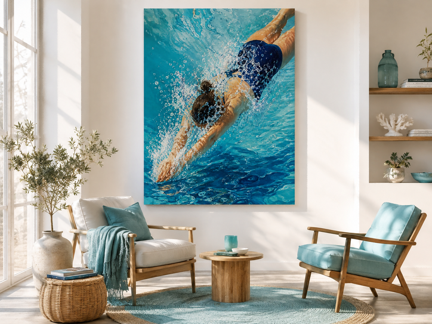 Impressionist Water Splash Art Blue Swimming Scene Canvas Print For Living Room