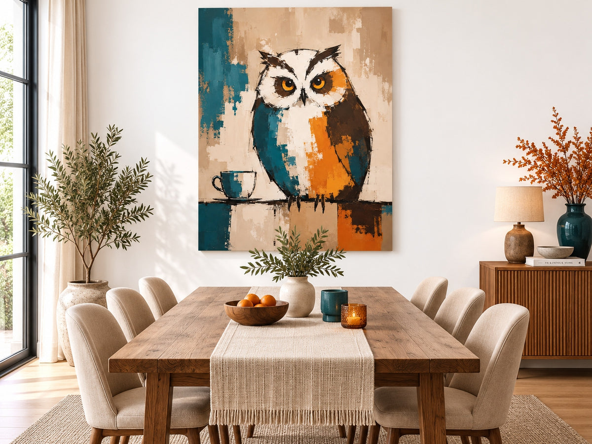 Minimalist Textured Canvas Art With Retro Color Block Design And Owl Theme