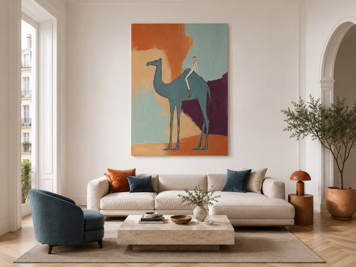 Creative Modernist Figurative Art With Bold Colors And Unique Composition Blue Camel And Rider Abstract Canvas Painting With Color Block Background