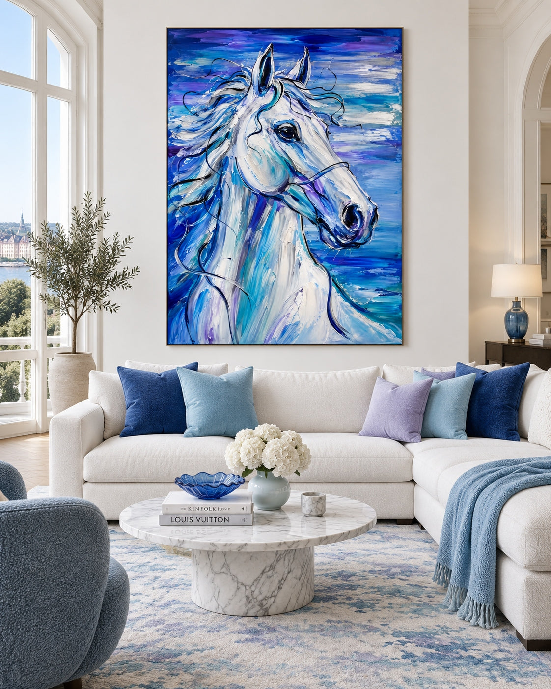 Expressive Impasto Horse Oil Painting With Dreamy Violet And Cobalt Hues