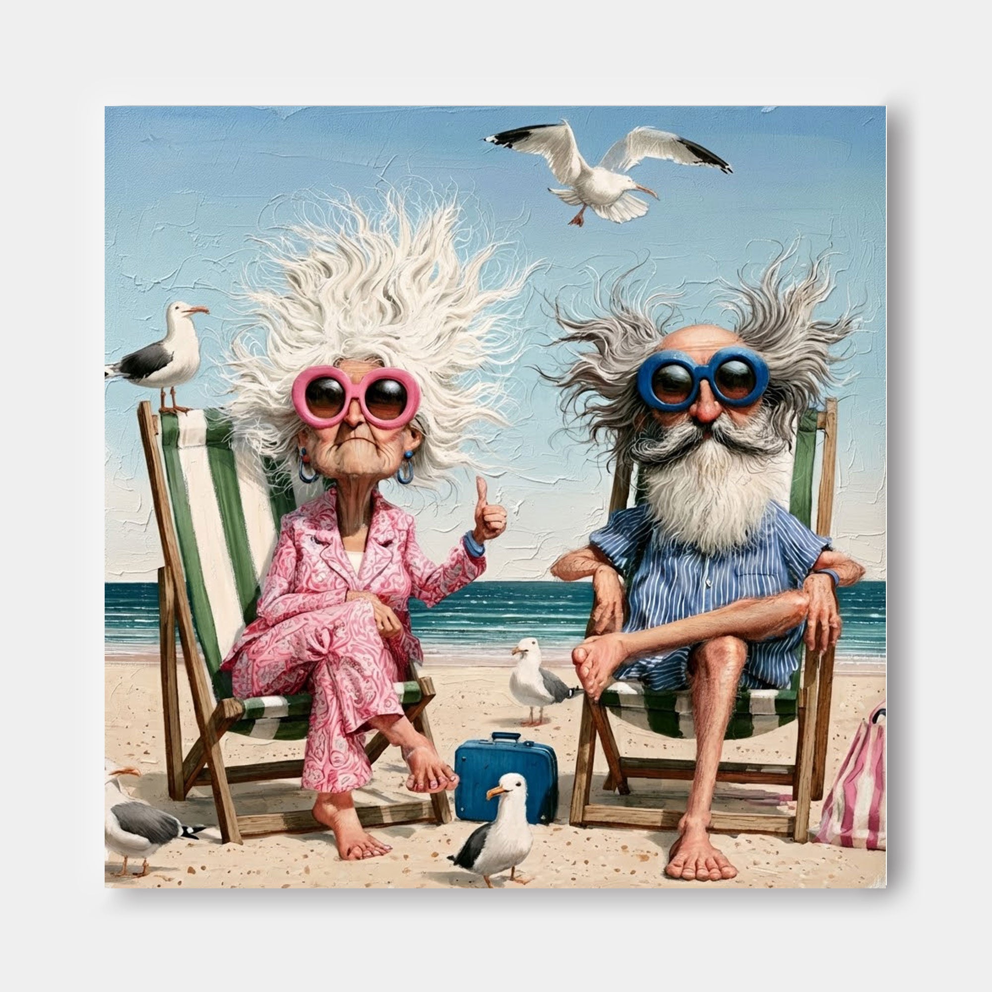 Humorous Beach Couple Painting For Living Room Decor With Ocean Vibes And Playful Style