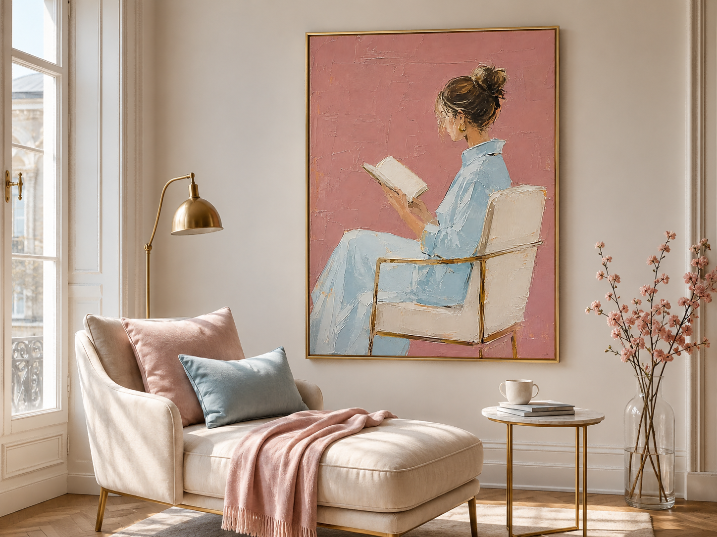 Modern Minimalist Oil Painting Of Lady Reading In Blue Dress With Pink Background