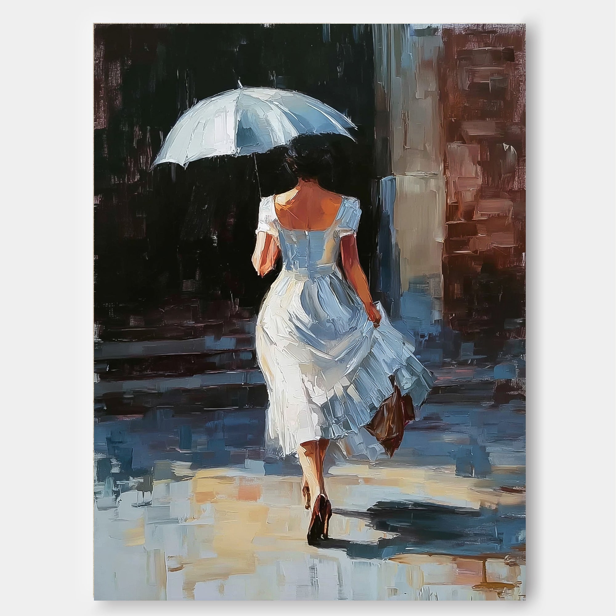 Woman With Umbrella Oil Painting Modern City Street Art For Living Room Decor