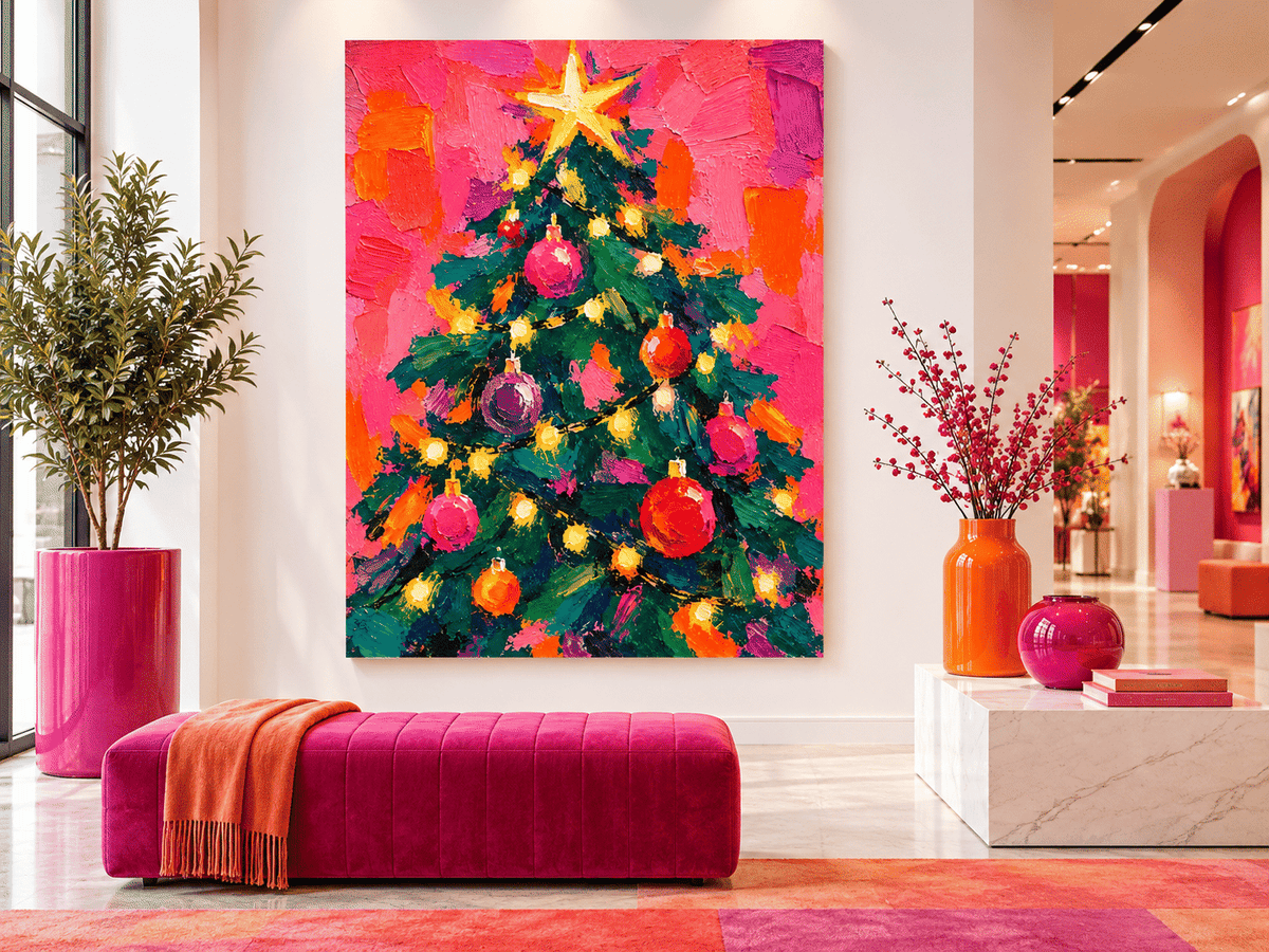 Abstract Christmas Tree Painting Hand-Painted Modern Holiday Wall Art With Star