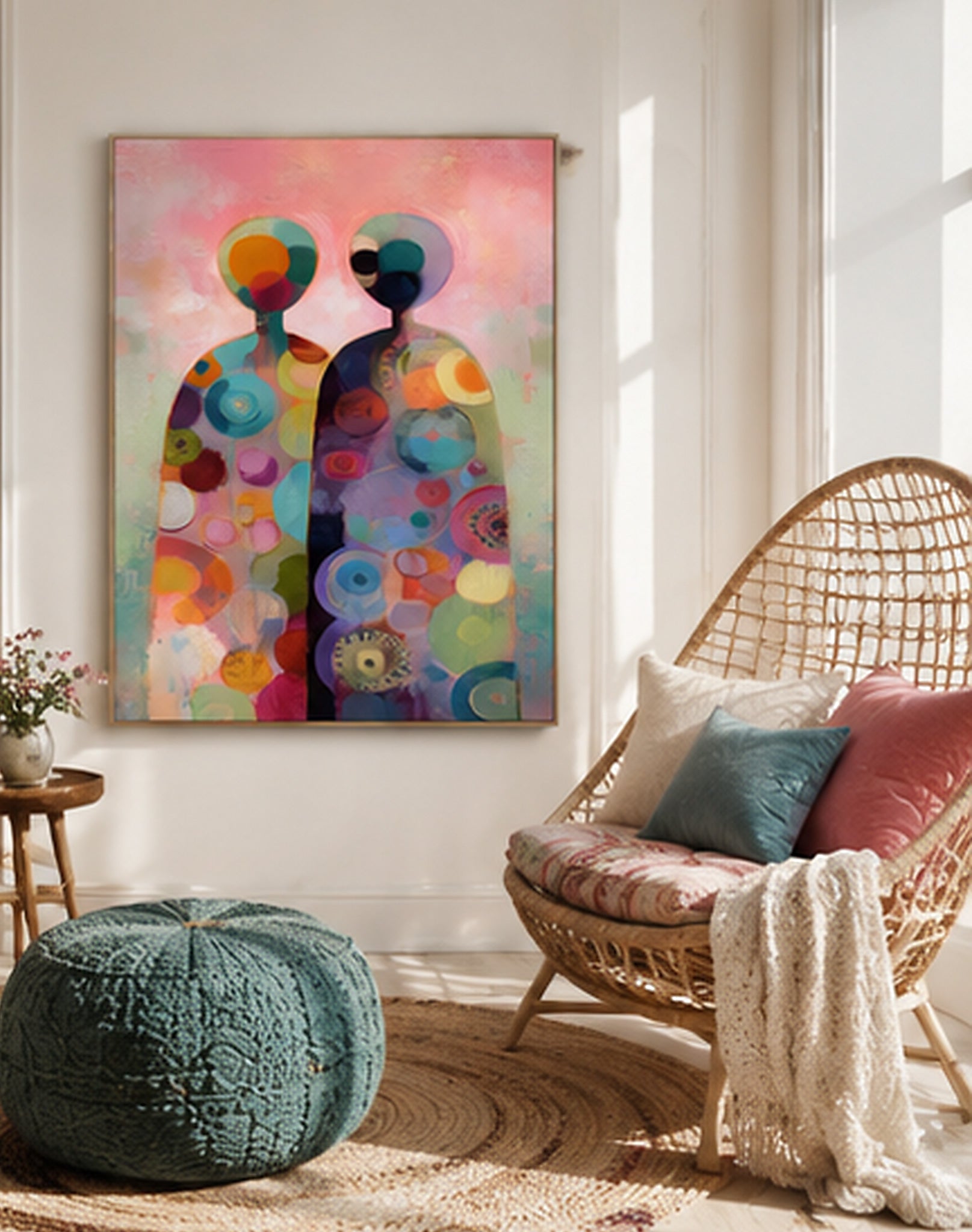 Bohemian Style Abstract Art Canvas With Rich Texture And Colorful Circles For Bedroom Decoration