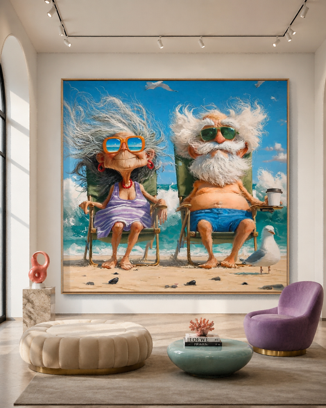 Quirky Modern Caricature Painting Of Seniors At Beach Great For Contemporary Wall Art Collections