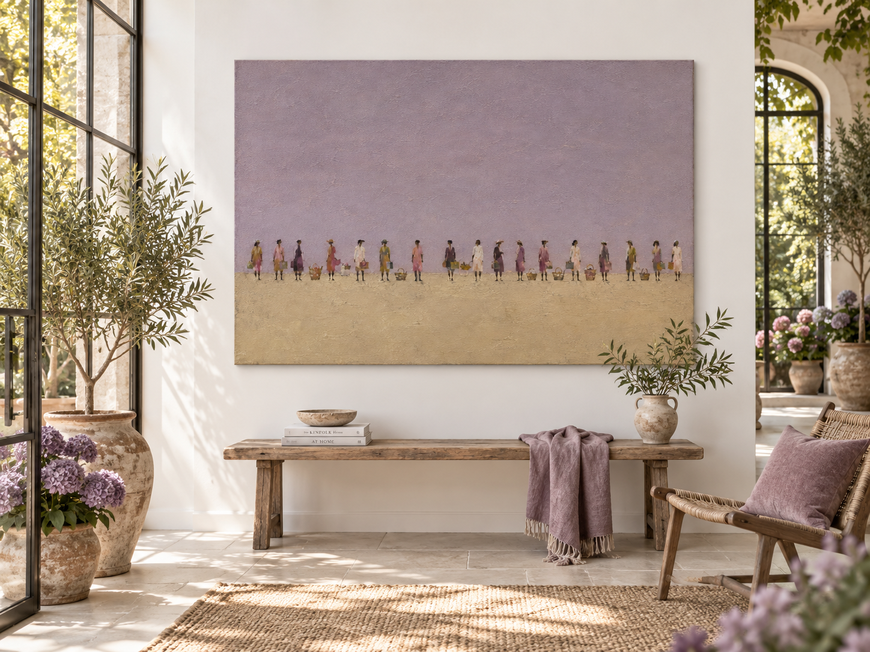 Hand-Painted Women With Baskets Minimalist Canvas Art In Purple And Beige