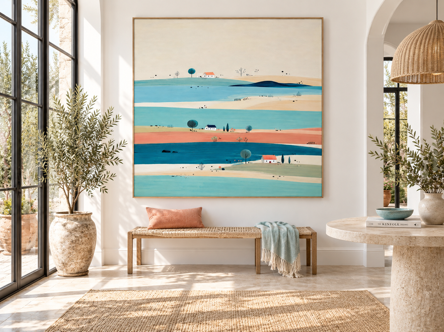 Hand-Painted Minimalist Landscape With Blue River And Houses