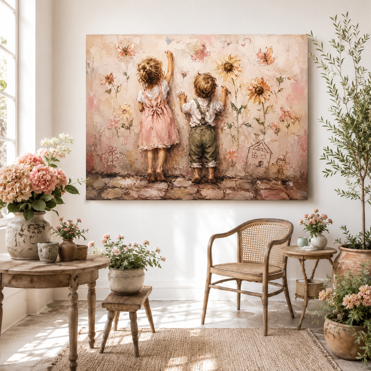 Original Oil Painting Of Two Kids Back View With Floral Wall Art
