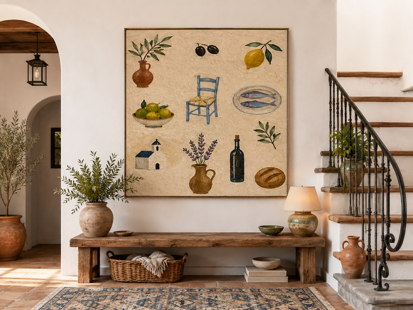 Greek Island Style Living Room Art Blue Chair And Lavender Square Painting