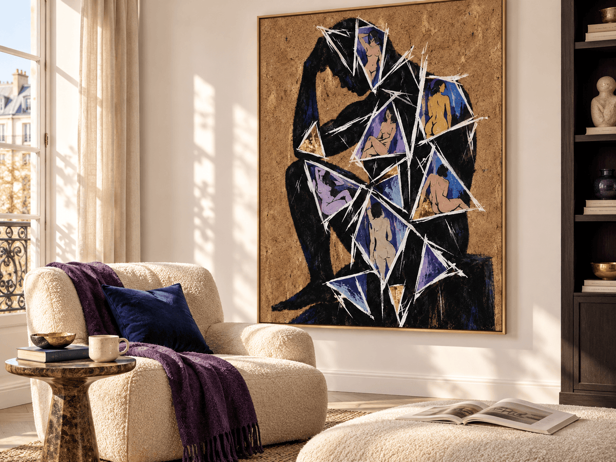Abstract Thinker Figure Cubist Hand-Painted Canvas Art With Gold Leaf Accents