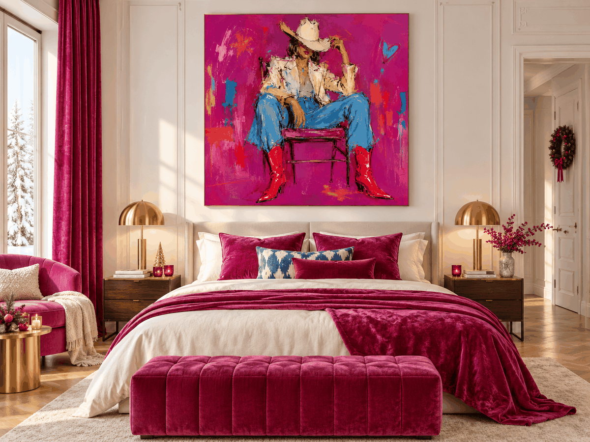 Vintage Pop Art Canvas Painting With Bright Magenta And Blue