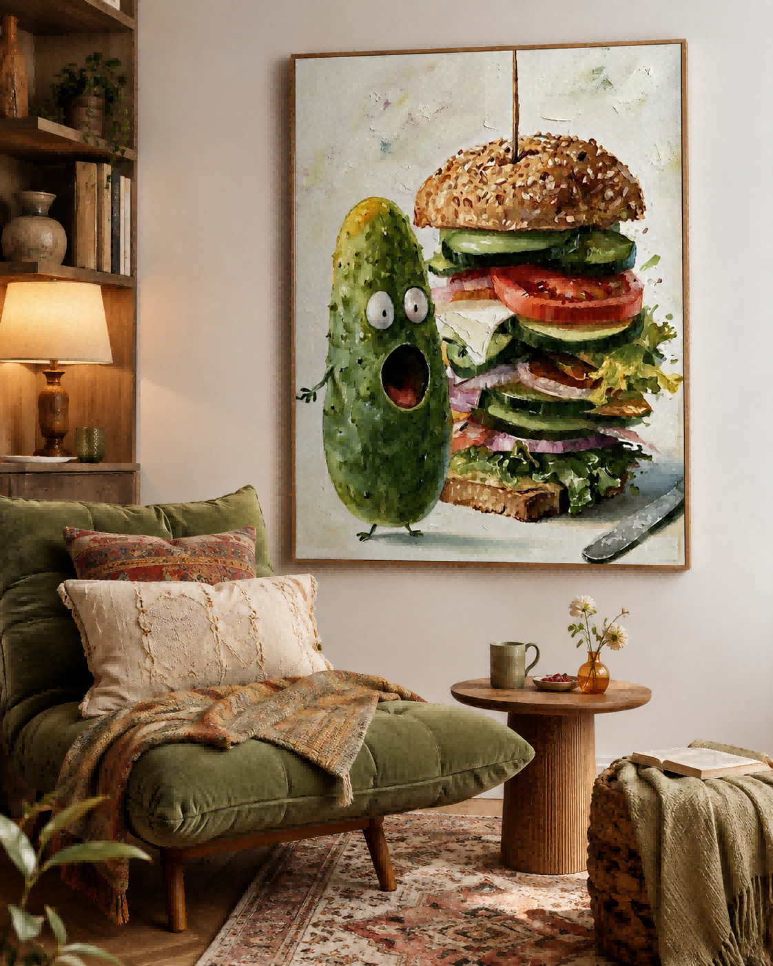Whimsical Pickle And Sandwich Food Art For Modern Kitchen Wall Decor