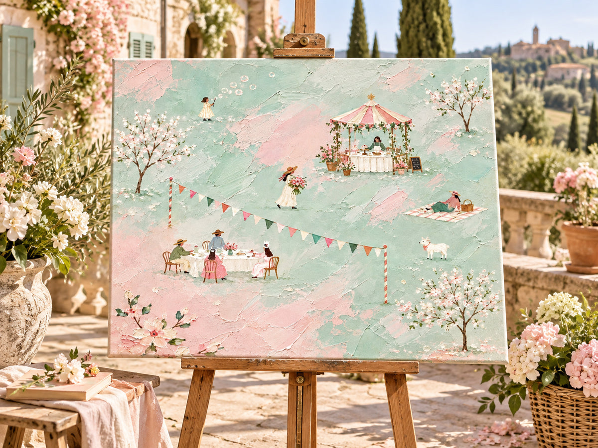 Spring Picnic Scene Hand-Painted Canvas Art With Floral Garden