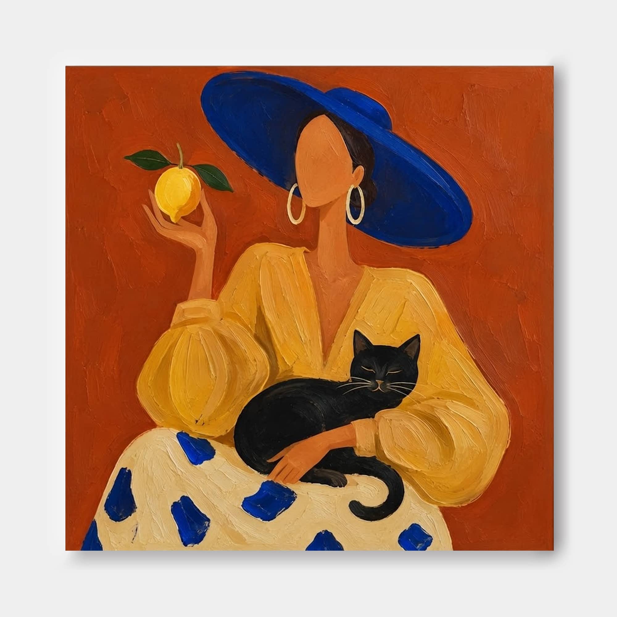 Modern Minimalist Oil Painting Of Lady With Blue Hat And Black Cat For Living Room Decor