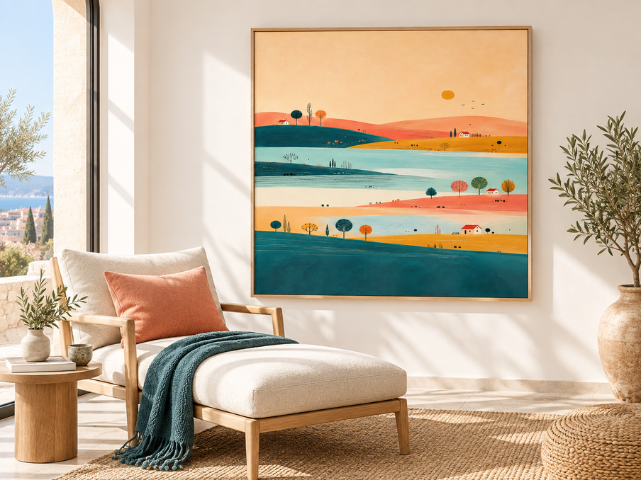 Hand-Painted Minimalist Landscape Canvas Art With Sunset Hills