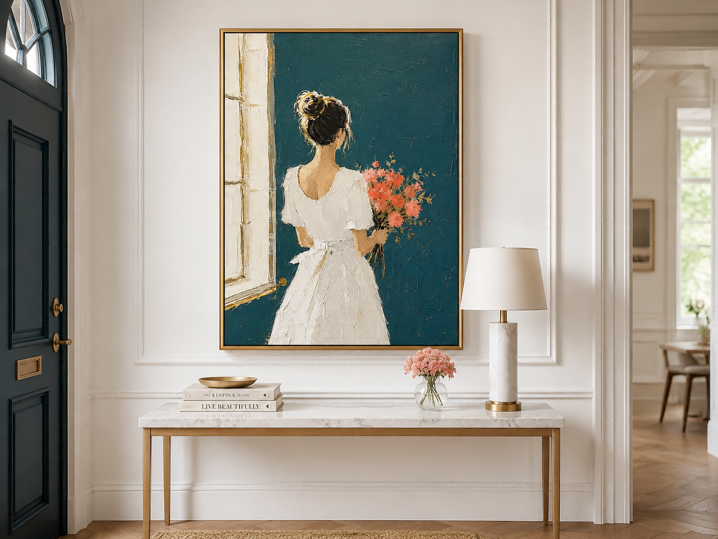 Elegant Minimalist Lady Painting With Flowers In White Dress For Modern Living Room Decor