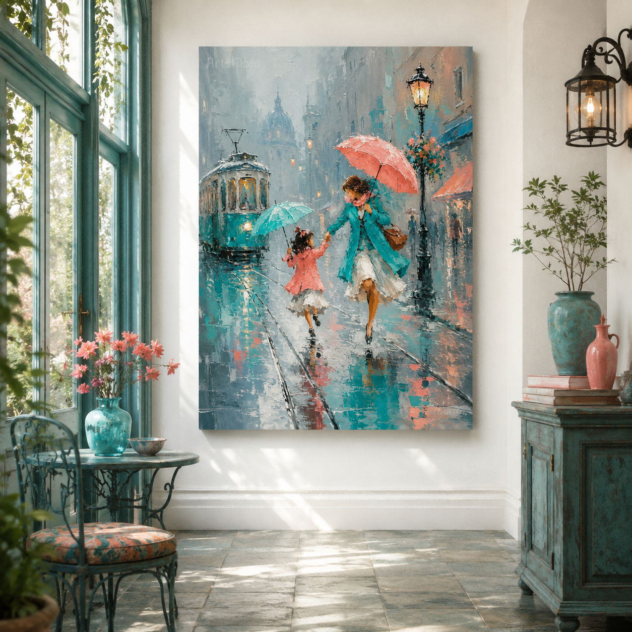 Textured Impressionist Oil Painting Of Mother Daughter Walking In Rain With Umbrellas Urban Life Art