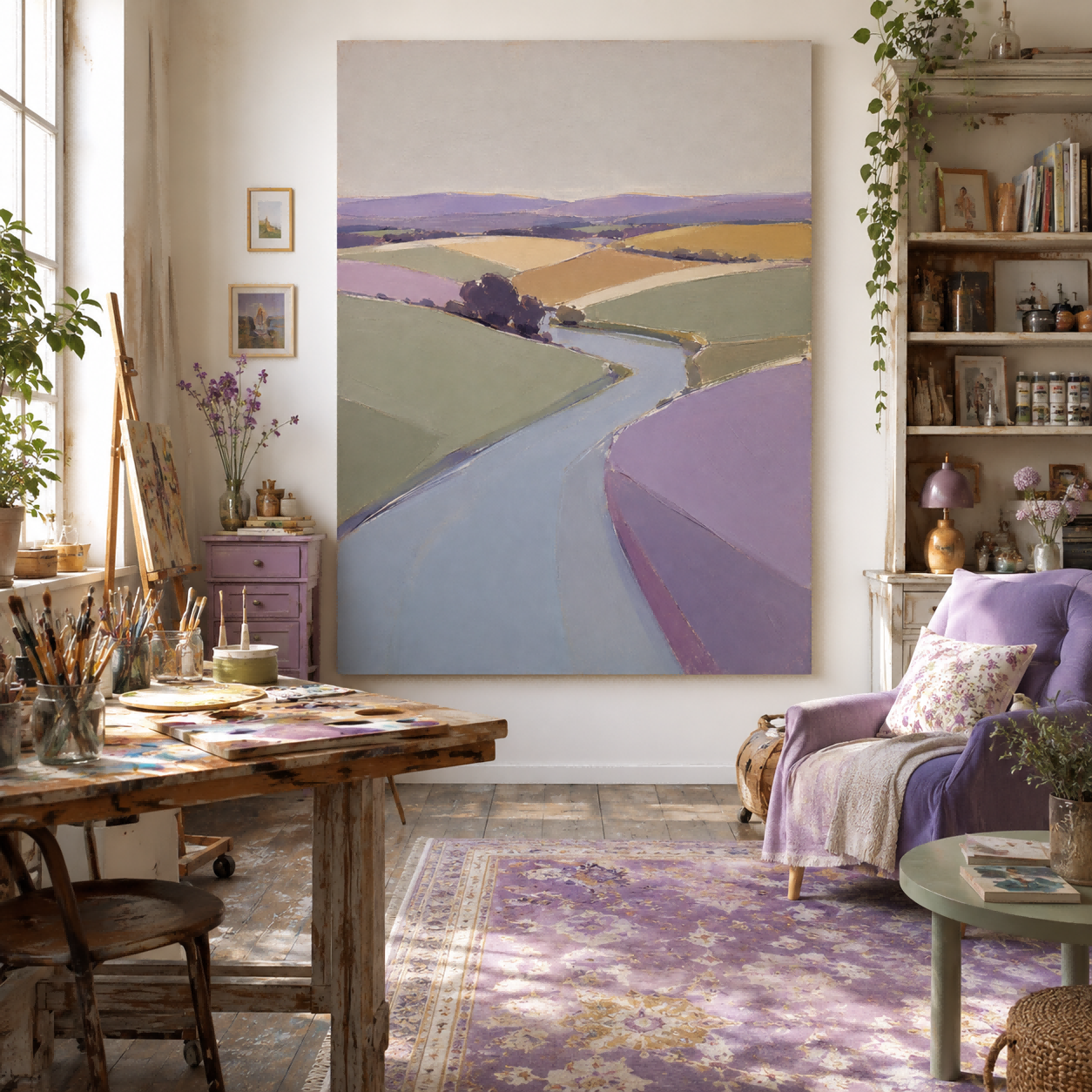 Geometric Abstract Art Canvas Featuring Serene Purple And Green Countryside Scene