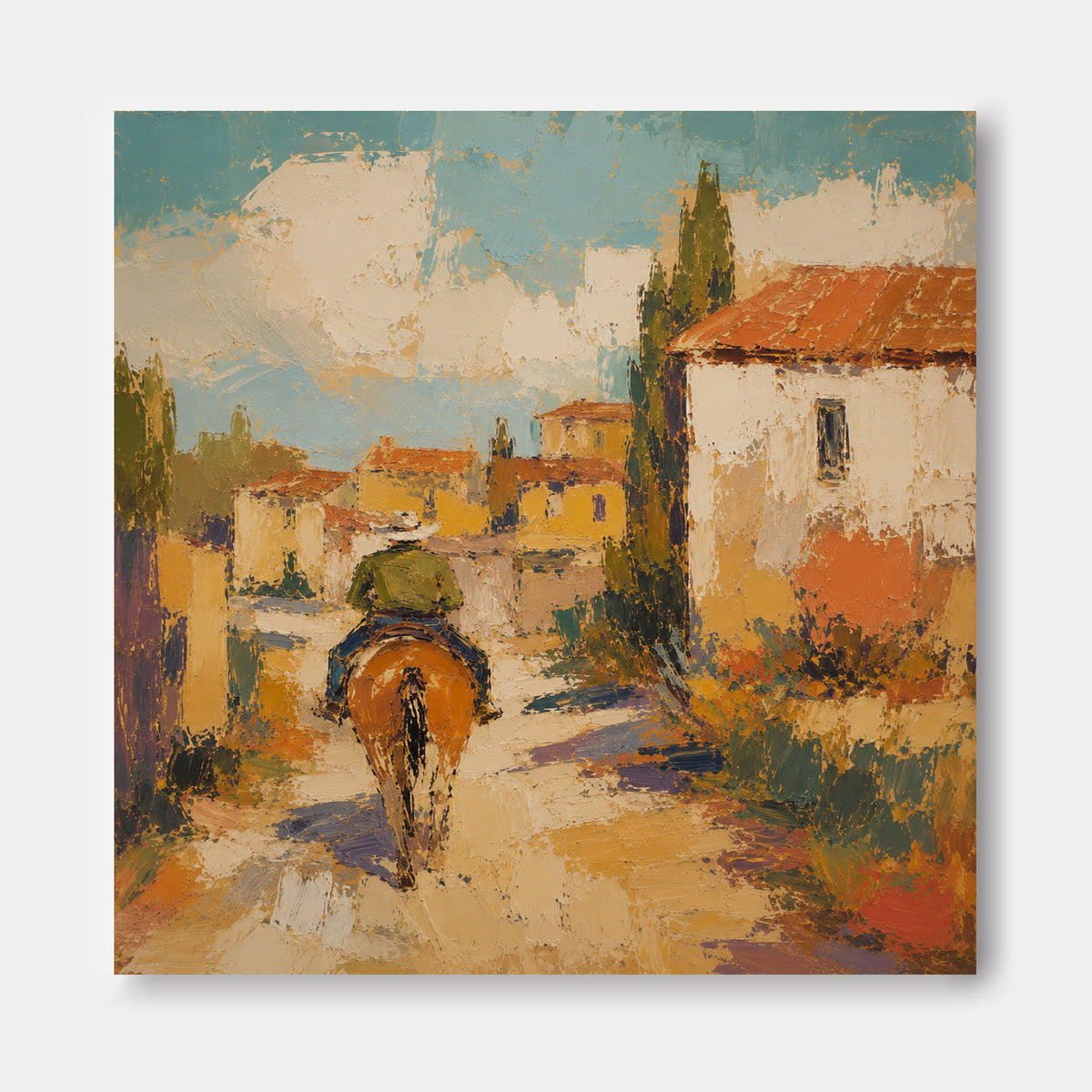 Impressionist Tuscan Style Painting Warm Tones Textured Square Canvas