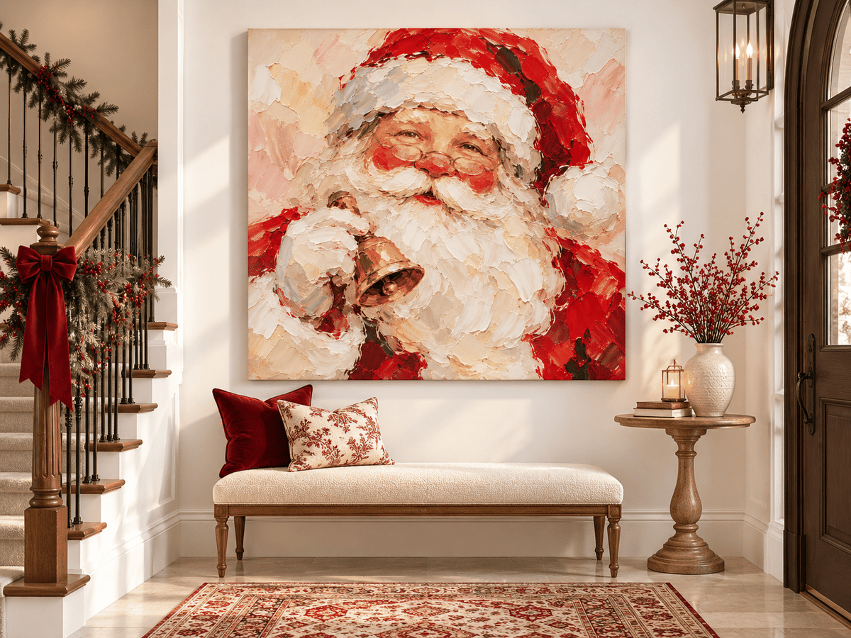 Smiling Santa With Golden Bell Hand-Painted Canvas Art In Red And White