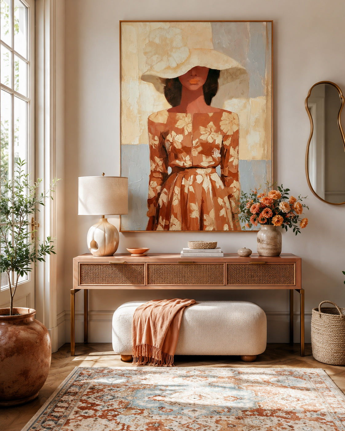 Elegant Female Portrait Painting With Floral Dress And Wide Brimmed Hat For Living Room Decor