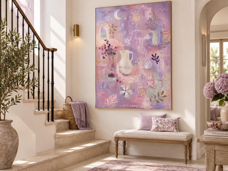 Romantic Vintage Geometric Abstract Painting In Soft Morandi Purple Tones