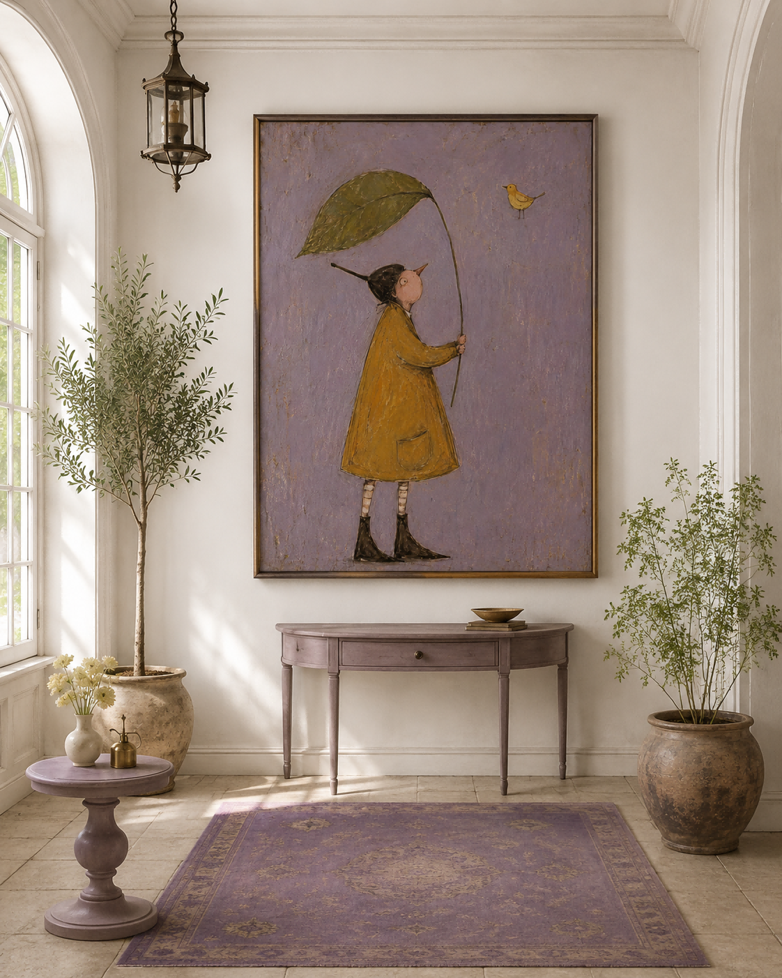 Whimsical Person With Leaf And Bird Vintage Canvas Painting