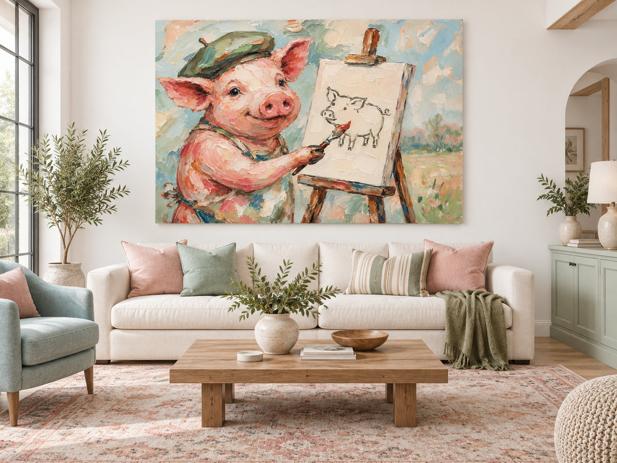 Textured Minimalist Cartoon Oil Painting Of A Creative Pink Pig
