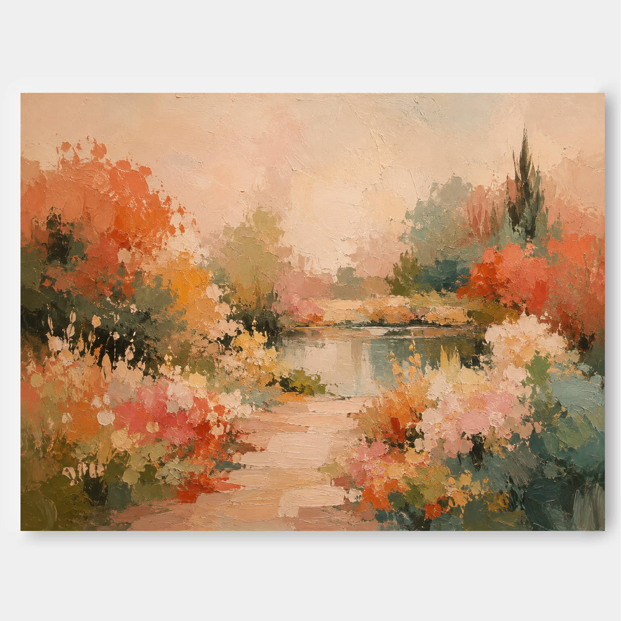 Autumn Garden Path Hand-Painted Canvas Art With Warm Orange Tones
