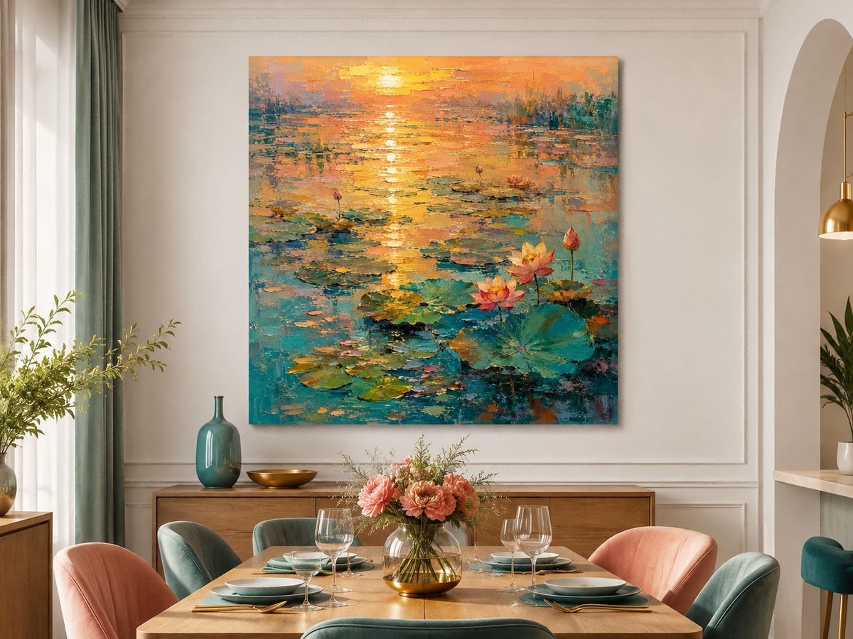 Modern Impressionist Floral Landscape Oil Painting With Gold And Pink Hues