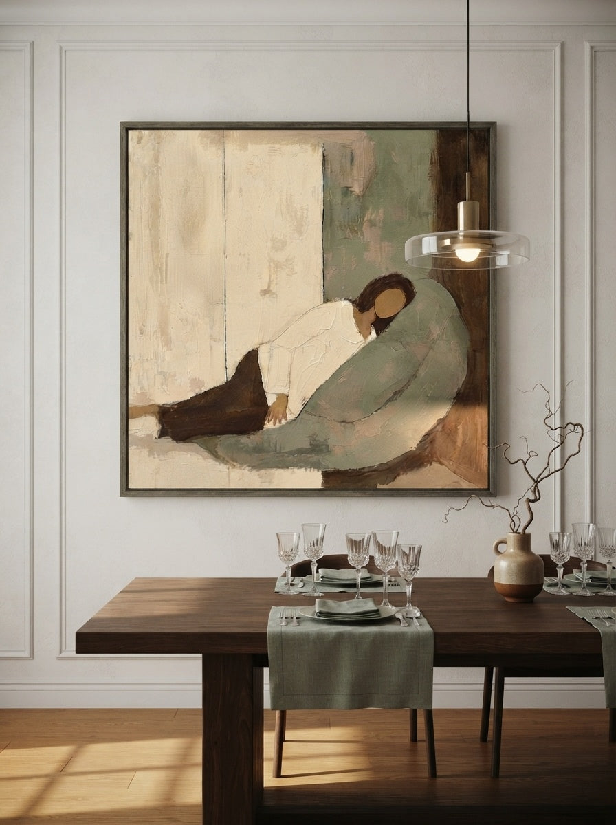 Vintage Minimalist Square Canvas Painting With Soft Beige And Green Tones For Modern Living Room Decor