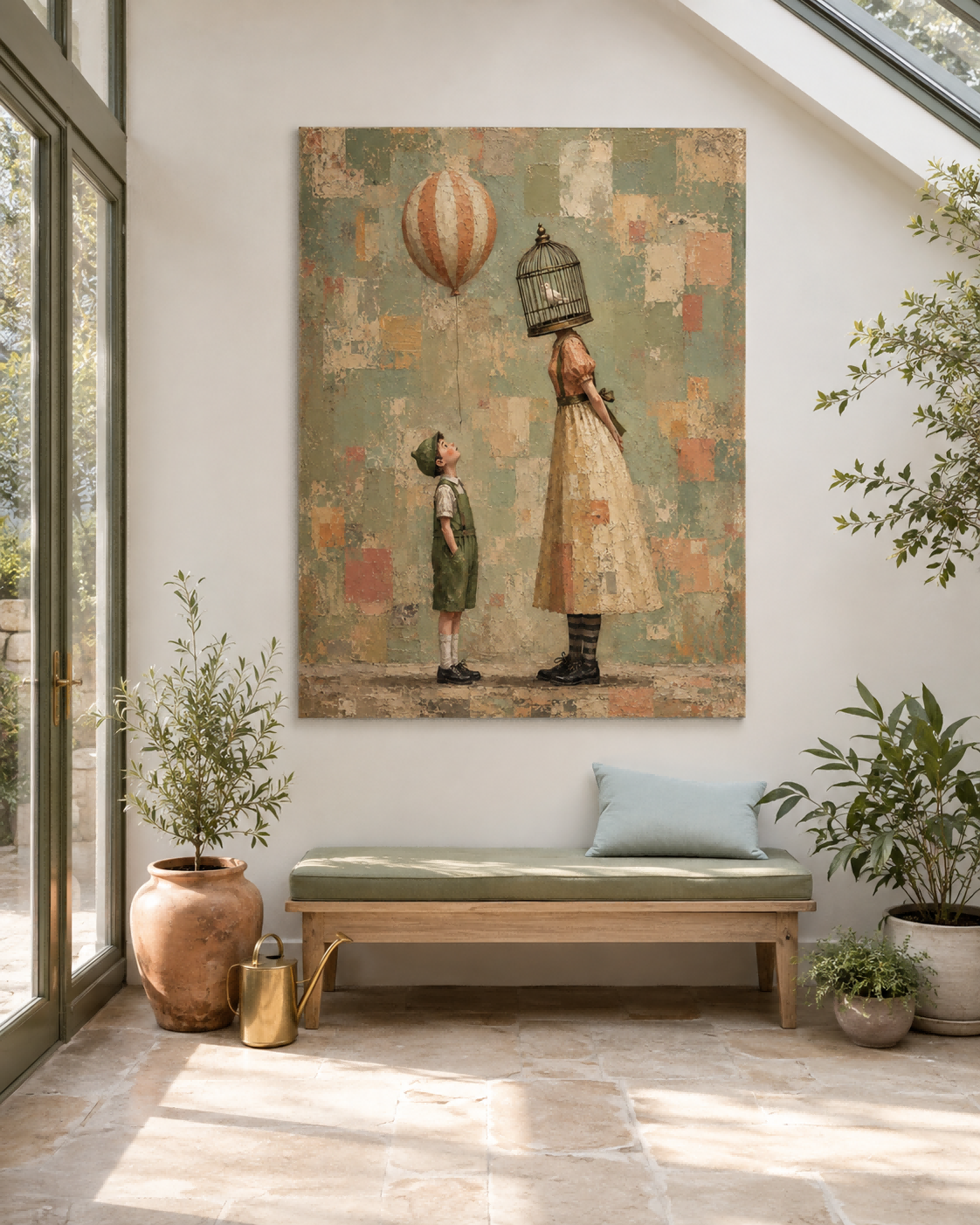 Birdcage Head Woman And Boy With Balloon Surreal Canvas Painting Vintage Style Artwork