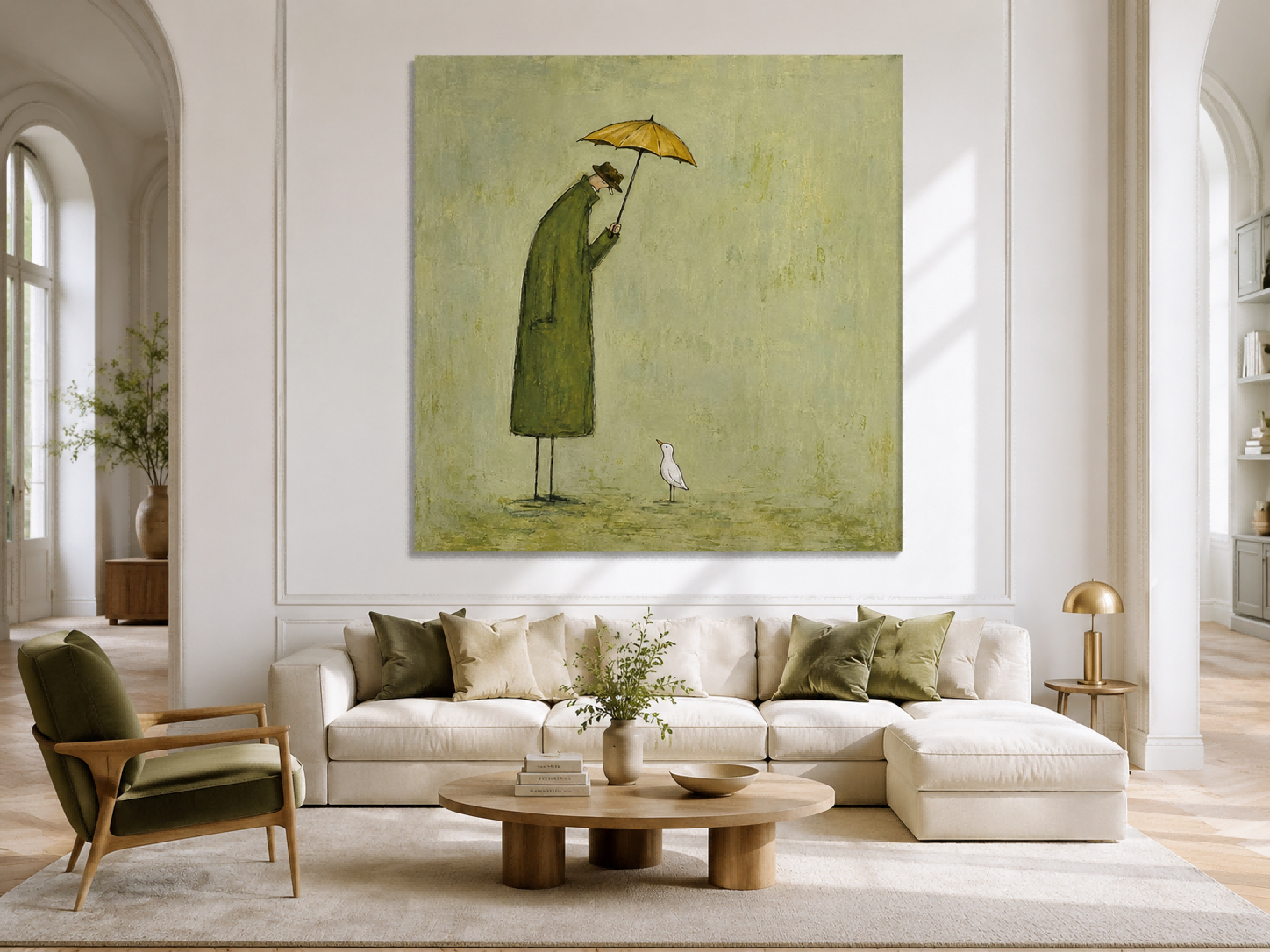Naive Art Painting Of Man And Bird With Umbrella For Modern Wall Decor