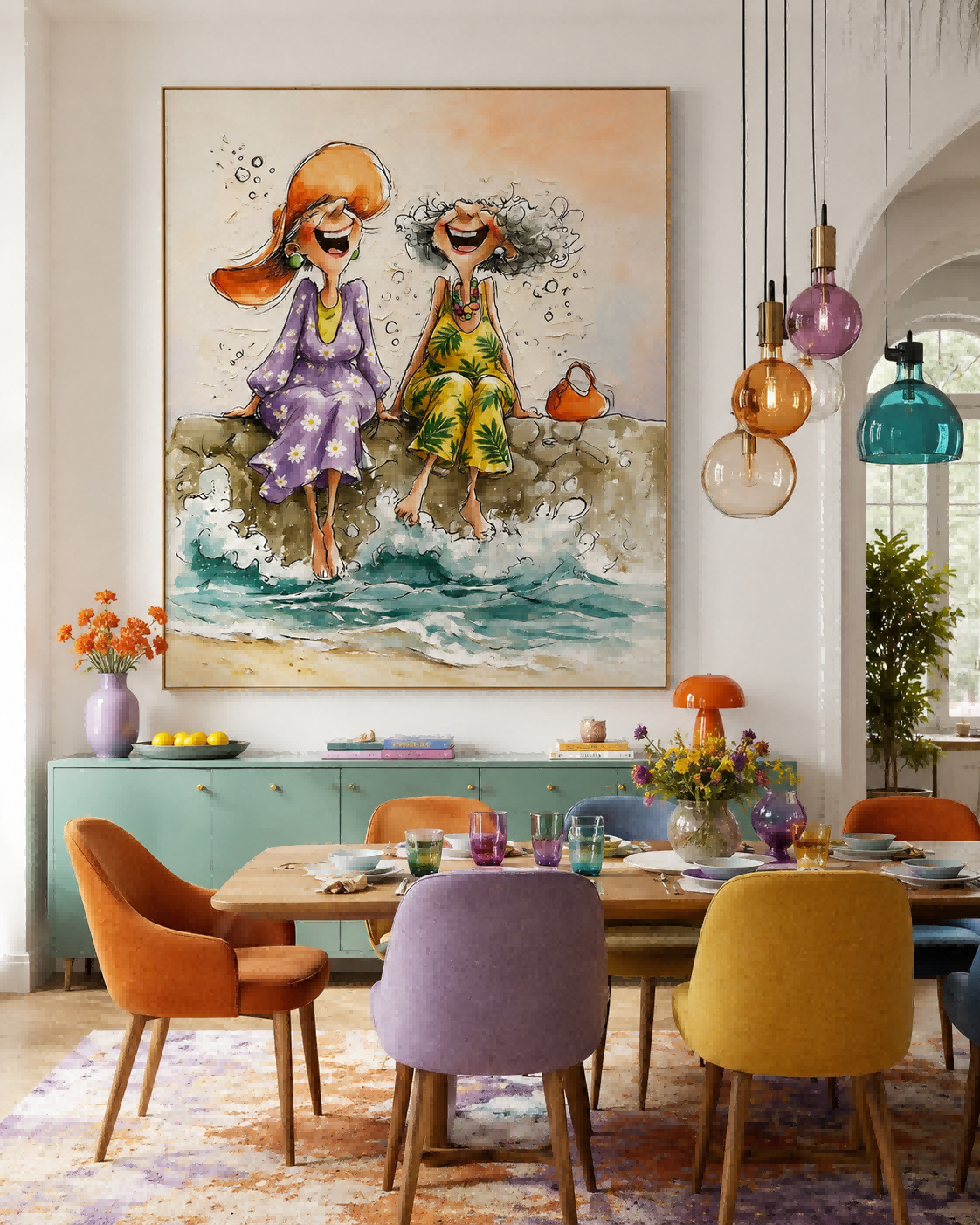 Whimsical Illustrative Oil Painting Of Women At Beach With Textured Canvas Finish