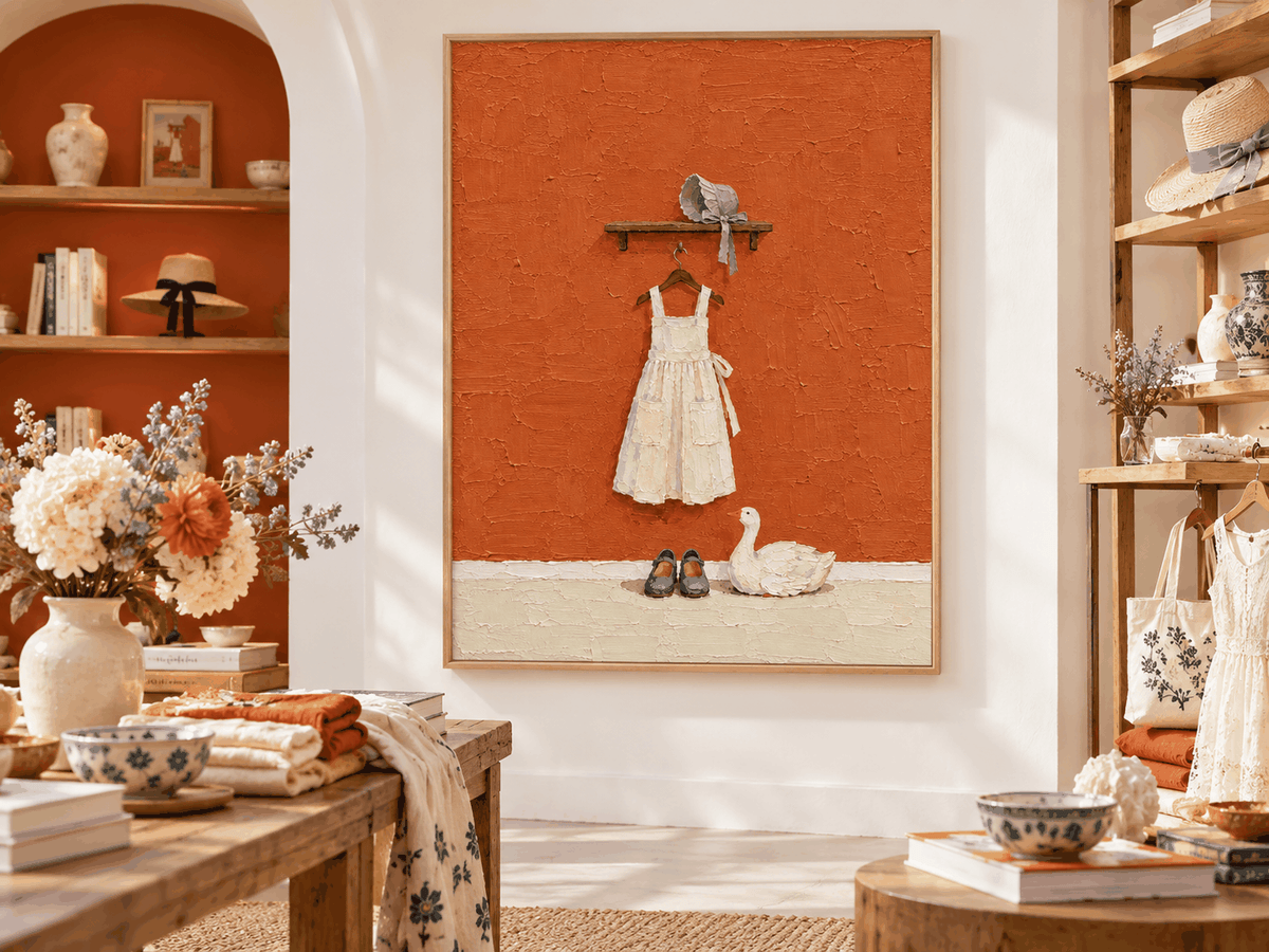 Hand-Painted White Dress And Duck Canvas Art With Orange Background