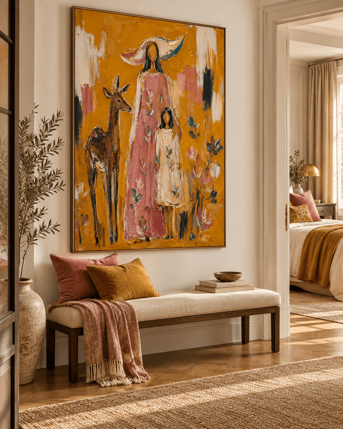 Abstract Pastoral Canvas Painting With Textured Ochre And Pink Tones Mother And Child With Deer Canvas Art
